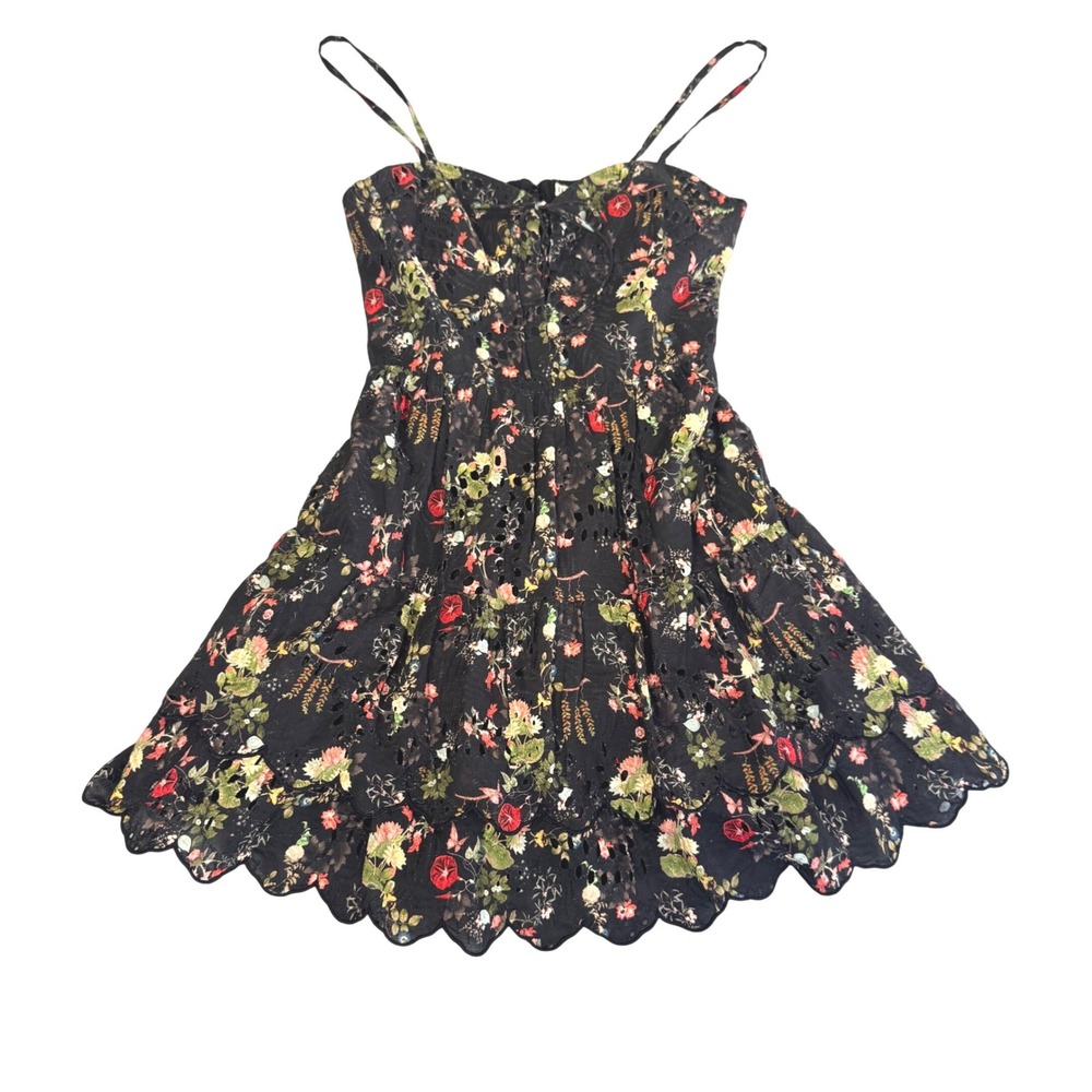 Alice + Olivia Floral Eyelet Mini Dress Sz 4 Lace Up Garden Fairycore Whimsy Blk